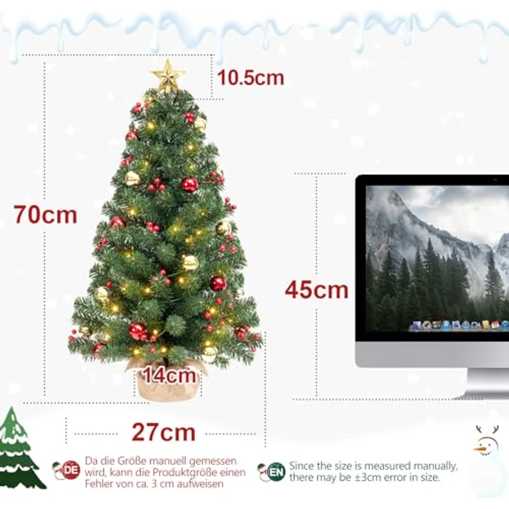 Yorbay Künstlicher Weihnachtsbaum Mini Weihnachtsbaum mit warmweiß LEDs, 8 Licht Modi, Batterie betrieben, für Weihnachten, Advent, künstlich, Geschmückt – Bild 4