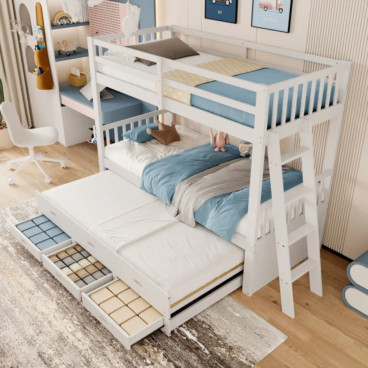 Etagenbett 90x200 cm mit Ausziehbett, 3 Schubladen, Kinderbett aus Kiefernholz und MDF, mit Treppe,Weiß – Bild 2