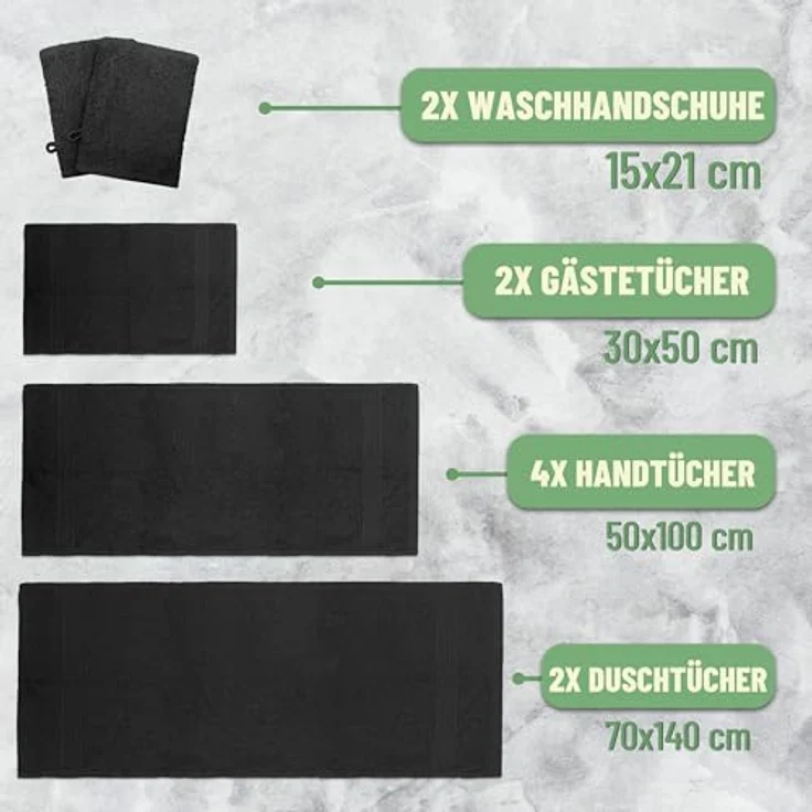 Green Mark Handtuch-Set mit 10 Teilen – 100% Baumwolle – 4 Handtücher 50×100 cm, 2 große Duschtücher 70×140 cm, 2 Gästetücher 30×50 cm und 2 Waschhandschuhe – Schwarz – Bild 3