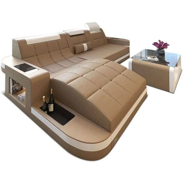 Mini Ecksofa Wave L Form aus Leder - Kunstleder - sandbeige-weiß - Links