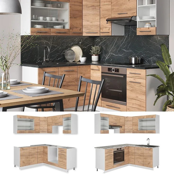 Eckküche Fame-Line Goldkraft Eiche/Weiß 190 x 60 cm , AP Marmor Vicco – Bild 2