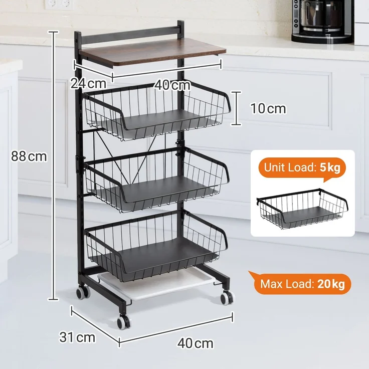 Todeco Gemüseregal für Küche, Stapelbarer Obstkorb Gemüse, Multipurpose Mobile Metal Storage Trolley, Aufbewahrungswagen KüchenWagen Mit Abschließbare Rollen Und – Bild 3