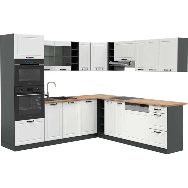 Eckküche R-Line Weiß Landhaus/Anthrazit 247 x 60 cm , AP Eiche Vicco