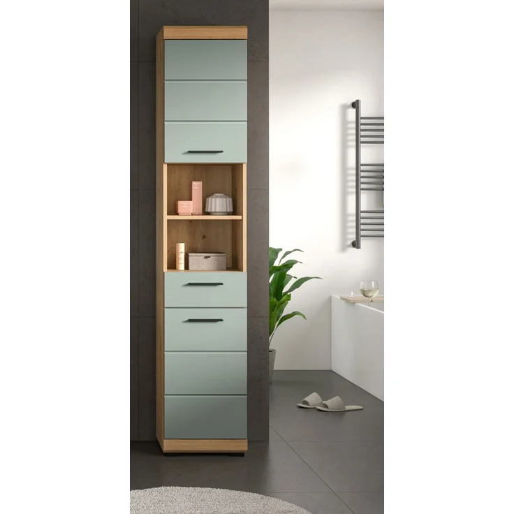 Badezimmer Hochschrank Shawn in grün und Eiche 37 x 191 cm – Bild 5