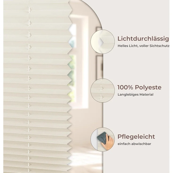 Allesin Plissee ohne Bohren Plissees Klemmfix Beige 50x130 cm(BxH), Plisseerollo Faltrollo mit Klemmträger, Jalousie Rollos für Fenster und Tür, Sichtschutz und Sonnenschutz – Bild 7