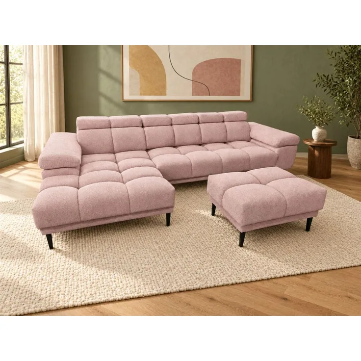 Ecksofa Schlafsofa SENVELIO RELAX inkl. Hocker Stoff Glam Altrosa Ottomane Links