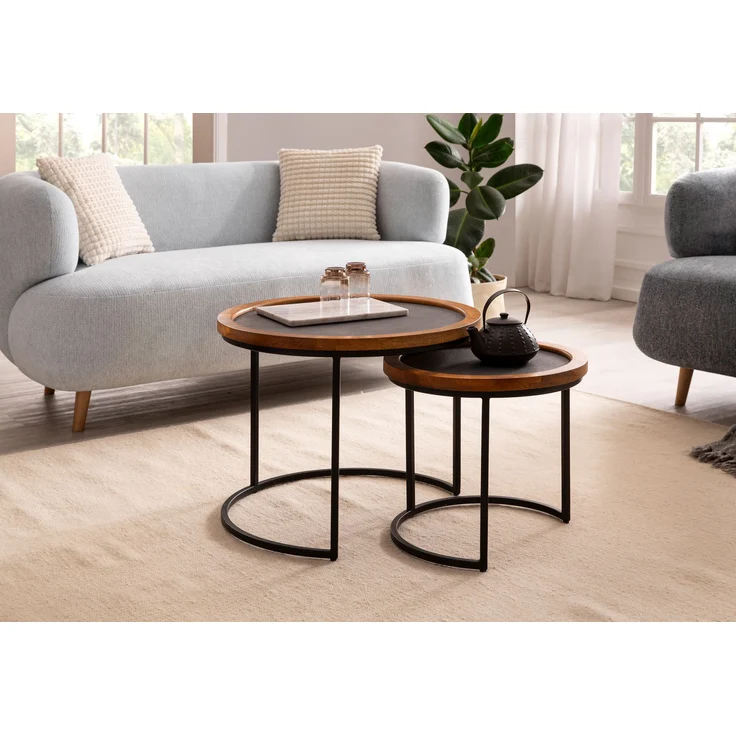 Couchtisch 2er Set Mango Massivholz Rund Metallgestell Modern Braun Anthrazit – Bild 2
