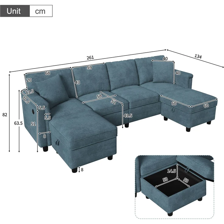 Flieks 4-Sitzer Modulsofa mit 2 Stauraumhockern, USB & USB-C, L- oder U-Form Polstersofa, 261 x 134 x 82 cm, Chenille, Blaugrau – Bild 6