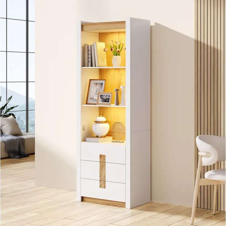 Vitrinenschrank 63 x 41,5 x 200 cm mit LED-Beleuchtung, 3 Schubladen und verstellbaren Einlegeböden