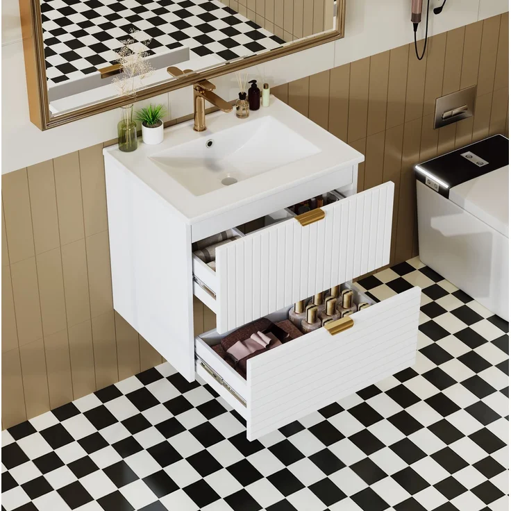 Wandhängender Waschtisch 61x46x57 cm mit Keramikbecken und zwei Schubladen, Weiß – Bild 2