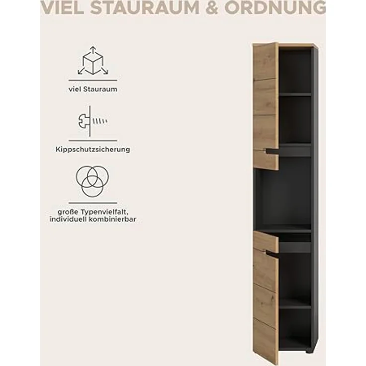 Xonox Canu Hochschrank, re./li. montierbar (B/H/T: 38x193x34 cm) in Basalt grau Nachbildung und Artisan Nachbildung – Bild 8