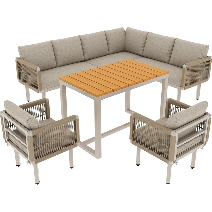 Merax 6-teiliges Gartenlounge-Set, Ecksofa mit 2 Sesseln & Tisch, wetterfestes Stahlgestell, Seilgeflecht-Design, Outdoor Lounge für Balkon & Terrasse, Beige – Bild 9