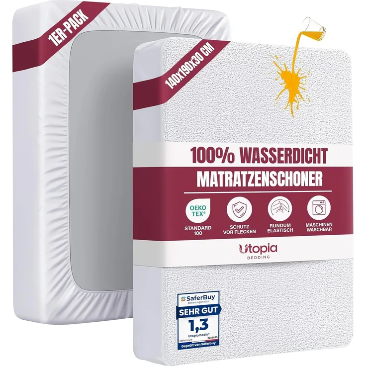 Utopia Bedding Matratzenschoner 140 x 190 x 30 cm Wasserdicht, Oeko-TEX Zertifiziert Matratzenauflage Atmungsaktive, Matratzenschutz, Rundum Elastisch Weiß