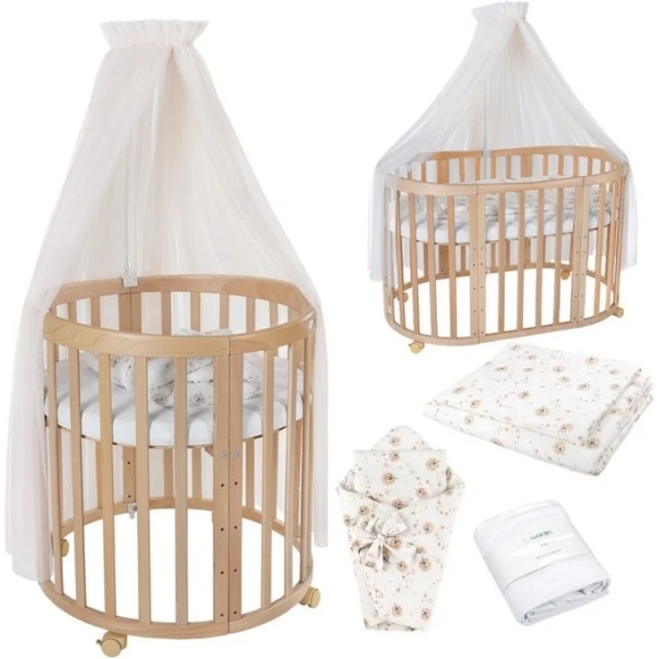 Waldin Babybett Mobiles Babybett OWAL aus Holz 7in1 mit Matratze, mitwachsend – Bild 4