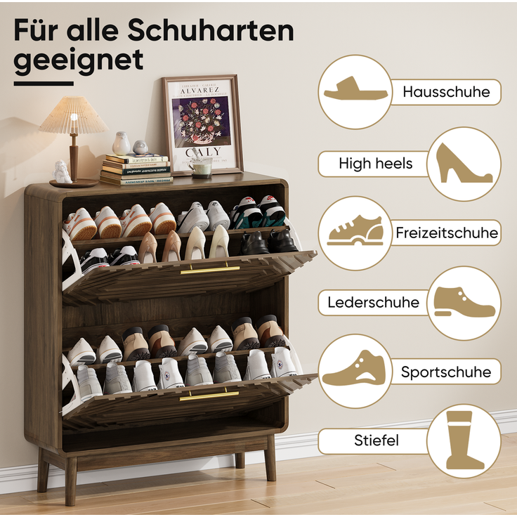 DESVIAE Garderobenschrank Schuhschrank Walnuss aus MDF –95 x 80 x 24 cm, 2 Kippfächer, offene Ablage – Bild 5