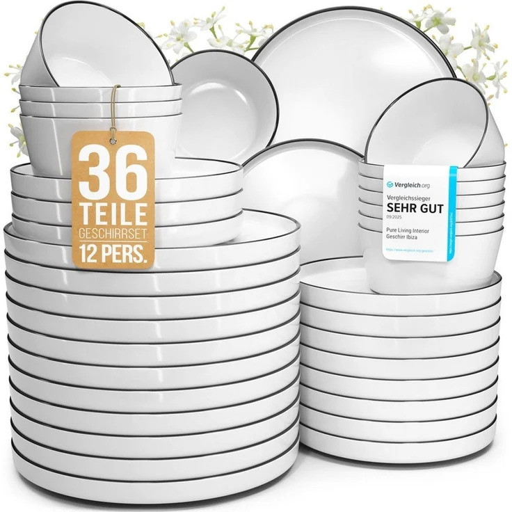 PURE LIVING INTERIOR DESIGN Geschirr-Set Scandi aus Porzellan, 36-tlg, für 12 Personen, Weiß - Schwarzer Rand (36-tlg), 12 Personen, Porzellan – Bild 1