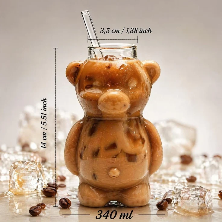 Bärenglas mit Strohhalm 340ml, Süßer Glas Becher in Bärenform, Eiskaffee Becher, Matcha Glas, Cocktailglas - Trinkglas Kawaii Design Geschenkidee – Bild 8