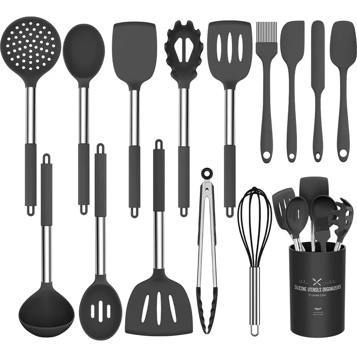 Silikon-Kochutensilien-Set, 15-teilig, antihaftbeschichtet, hitzebeständig, mit Edelstahlgriff schwarz