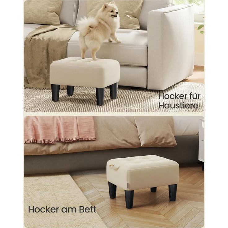 SONGMICS Fußhocker, Leinenimitat, Hocker klein, Dicke Polsterung, bis 150 kg belastbar, für Wohnzimmer Schlafzimmer Eingangsbereich, sandbeige-tintenschwarz LOM502LF01 – Bild 7