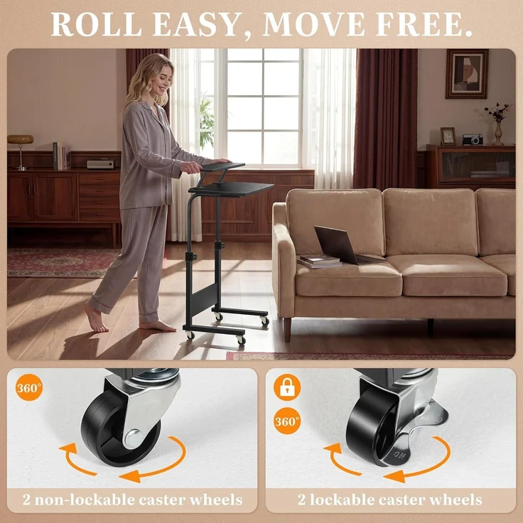 YITAHOME Beistelltisch Höhenverstellbar mit Rollen, Mobilfunk Laptoptisch, Tragbarer Home Office Schreibtisch mit Aufbewahrungsregal für Schlafzimmer, Stehpult Beistelltisch Rollen, Schwarz – Bild 5