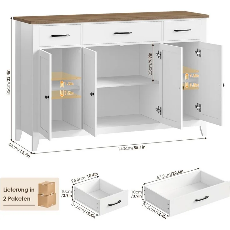 HOMECHO Sideboard 140 cm, Küchenschrank mit 3 Schubladen & 4 Türen, Höhenverstellbare – Bild 2