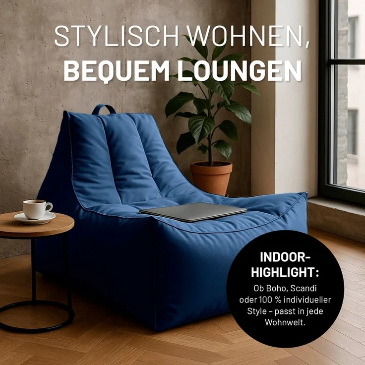 Lumaland Sitzsack-Lounge In-& Outdoor 380l navyblau mit Flaschenhalter – Bild 6