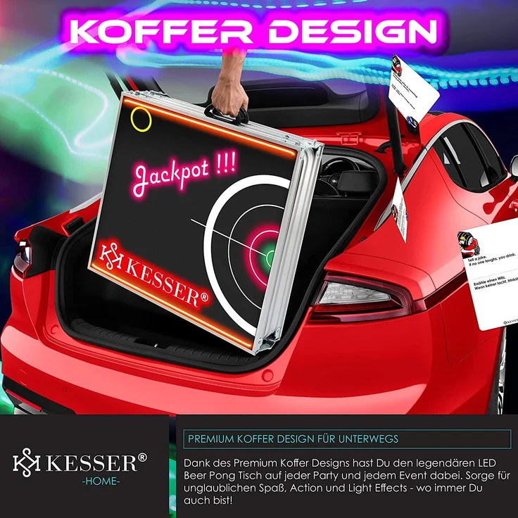 KESSER® Beer Pong Tisch Set mit LED, Kartenspiel, 100 Becher & 6 Bälle, höhenverstellbar / klappbar, Aluminium schwarz, 61 x 244 x 76 cm – Bild 6