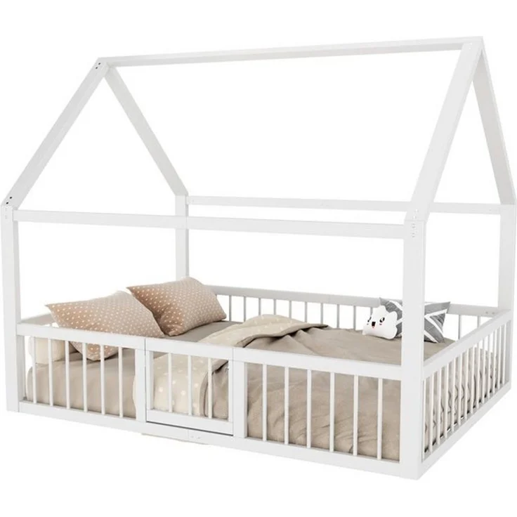 Flieks Kinderbett, Hausbett Metallbett Doppelbett 140x200cm mit Lattenrost, Tür und Zaun – Bild 4