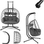 Juskys Doppelhängesessel Aria - Polyrattan Hängesessel mit Gestell & Kissen - Schaukel für zwei Personen - Outdoor Indoor Sessel - XXL Korb Grau