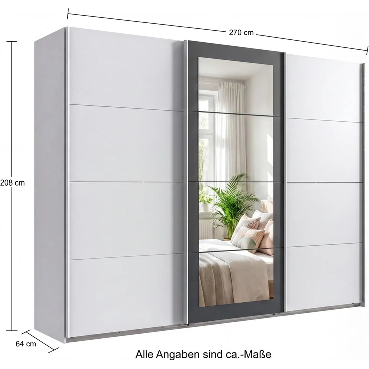 Schwebetürenschrank 3-trg Kleiderschrank 270 cm in Weiß Spiegel umrahmt in Grafit – Bild 8