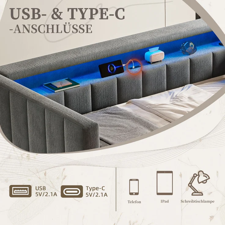EINHOM Multifunktionales Schlafsofa 90 x 190 cm mit Ausziehbarem Bett, USB-Typ-C-Anschluss, LED-Ambiente, Samtbezug & Stauraum, Stilvolles Design für Wohnzimmer, Gästezimmer oder Jugendzimmer. Gray (Ohne Matratze) – Bild 7