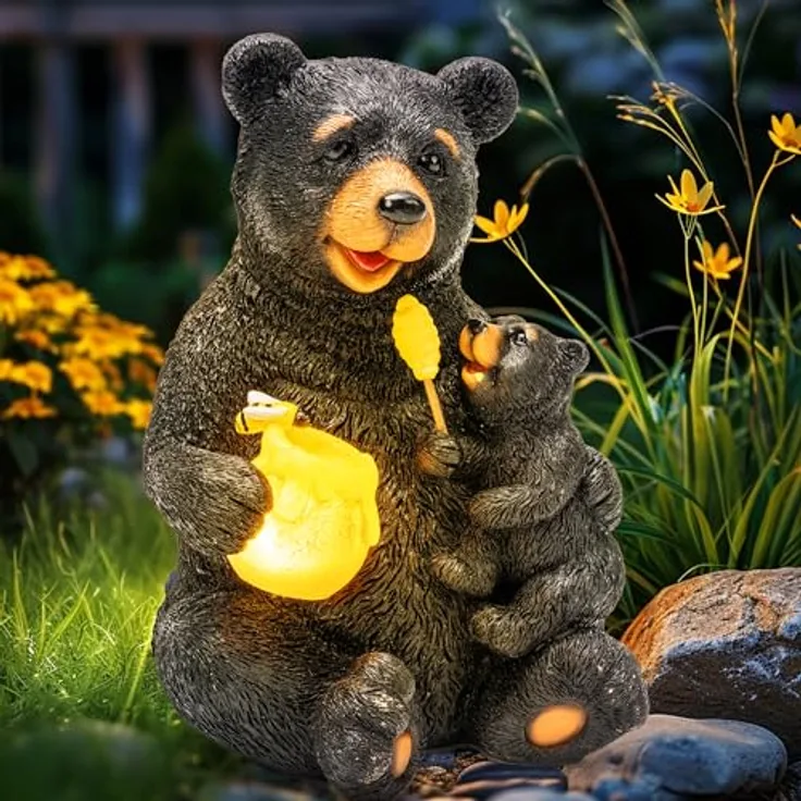 GIGALUMI Solar Statuen Gartendeko, Bär Mutter und Bär Kind umarmen Sich, Geburtstagsgeschenk für Frauen, Geschenke für Mama, Wetterfest Gartendeko für Terrasse, draußen, Hof