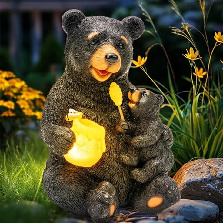 GIGALUMI Solar Statuen Gartendeko, Bär Mutter und Bär Kind umarmen Sich, Geburtstagsgeschenk für Frauen, Geschenke für Mama, Wetterfest Gartendeko für Terrasse, draußen, Hof – Bild 1