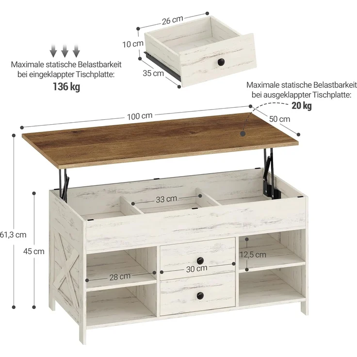 Couchtisch, höhenverstellbar, 2 Schubladen und Versteckter Stauraum, Weiß-Braun, 50 x 100 x 47,3-61,3 cm – Bild 8