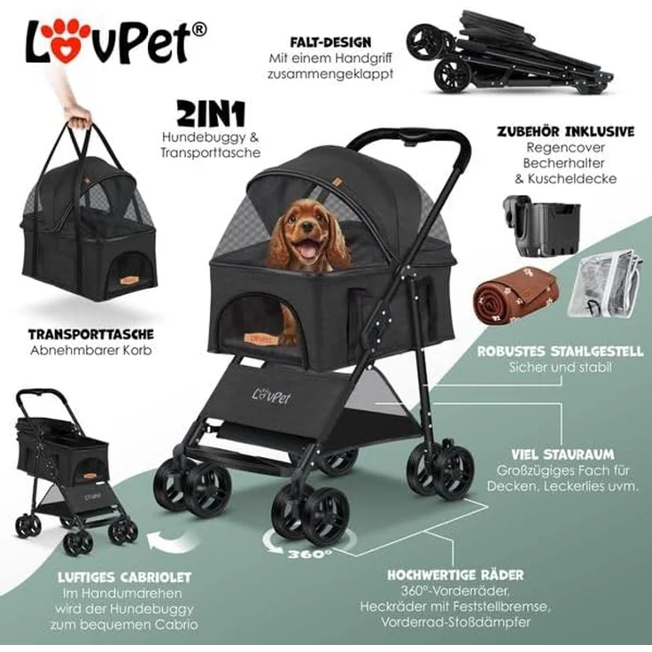 LOVPET® Hundewagen 2in1, Hundebox, Transporttasche, Faltbar, klappbar bis 20kg, mit Netzfenstern, Getränkehalter, Regenschutzabdeckung & Kuscheldecke, Anthrazit, 99,5 x 65 x 50,5 cm – Bild 2