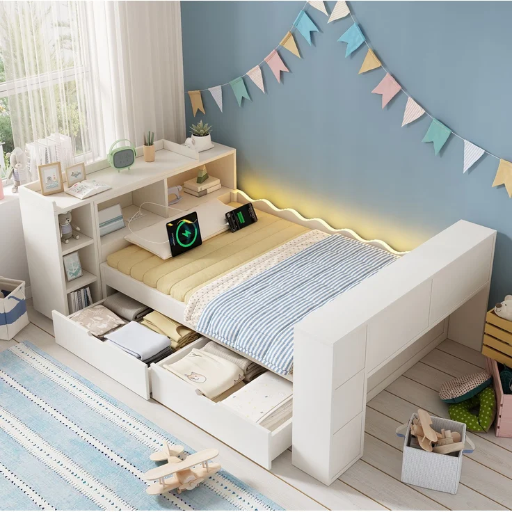 Tagesbett 90x200 cm mit 2 Schubladen, ausziehbarer Tischplatte und LED-Beleuchtung – Weiß (ohne Matratze) – Bild 1