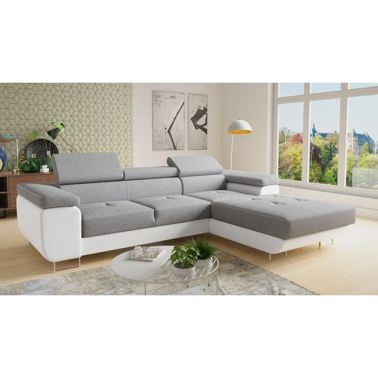 Ecksofa Divo mit Schlaffunktion, Bettkasten und einstellbare Kopfstützen (Weiß + Grau (Soft 017 + Sawana 21), Ecksofa Rechts) – Bild 1