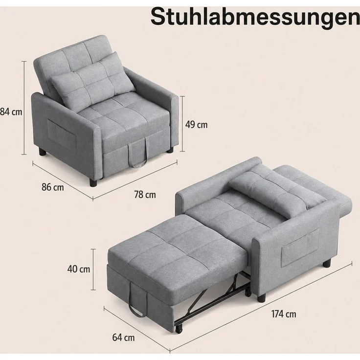 Blishom Relaxsessel 3-in-1 Schlafsessel Schlafsofa Klappbett Relaxsessel 78x86x84 cm, multifunktionaler Sessel zum Ausziehen als Gästebett – Bild 2
