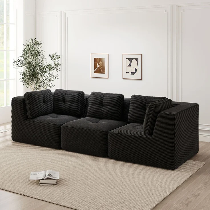 EINHOM Rahmenloses Sektionssofa, modulares Ecksofa, bequemes Cordsofa, Dreisitzer-Sofa mit tiefer Sitzfläche für das Wohnzimmer, kein Aufbau erforderlich, Schwarz – Bild 1