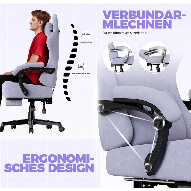 GTPLAYER Gaming-Stuhl Atmungsaktiver Bürostuhl, ergonomisch Hochwertiger - Stoff/Kunstleder, 160° Verstellbare Rückenlehne und ausziehbare Fußstütze – Bild 4