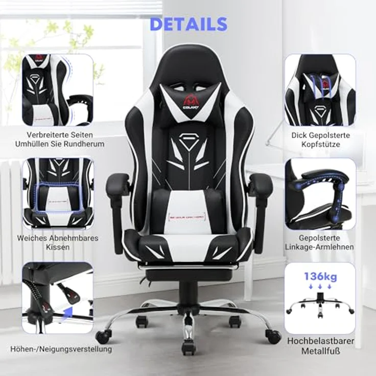 COLAMY Gaming Stuhl, Computer Stuhl mit Fußstütze und Lendenwirbelstütze, höhenverstellbarer Gaming Chair mit 360°-Drehsitz und Kopfstütze, Video Gamer PC Stuhl, Ergonomische hohe Rückenlehne, Weiß – Bild 6