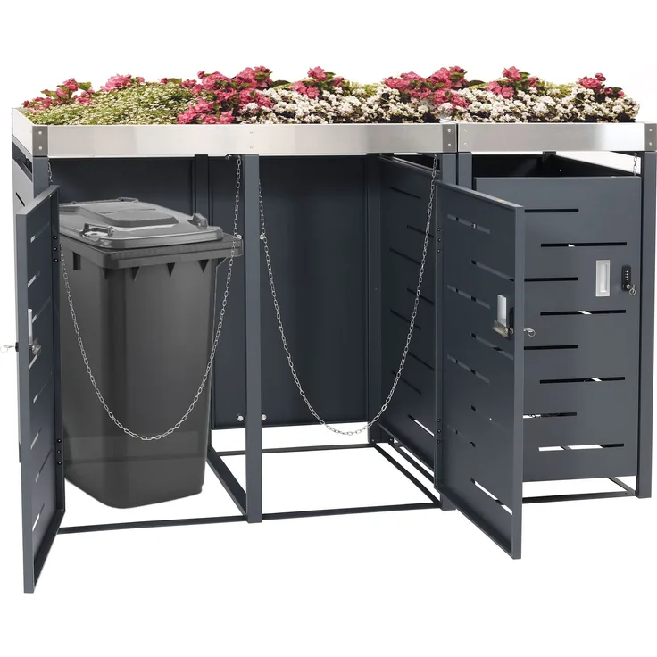 3er-Mülltonnenverkleidung HWC-H40b, Mülltonnenbox, Pflanzkasten Edelstahl-Metall-Kombi 63kg 110x175x62cm erweiterbar