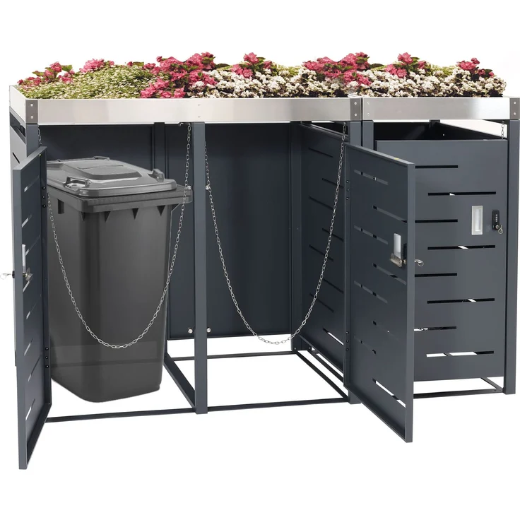 3er-Mülltonnenverkleidung HWC-H40b, Mülltonnenbox, Pflanzkasten Edelstahl-Metall-Kombi 63kg 110x175x62cm erweiterbar – Bild 1