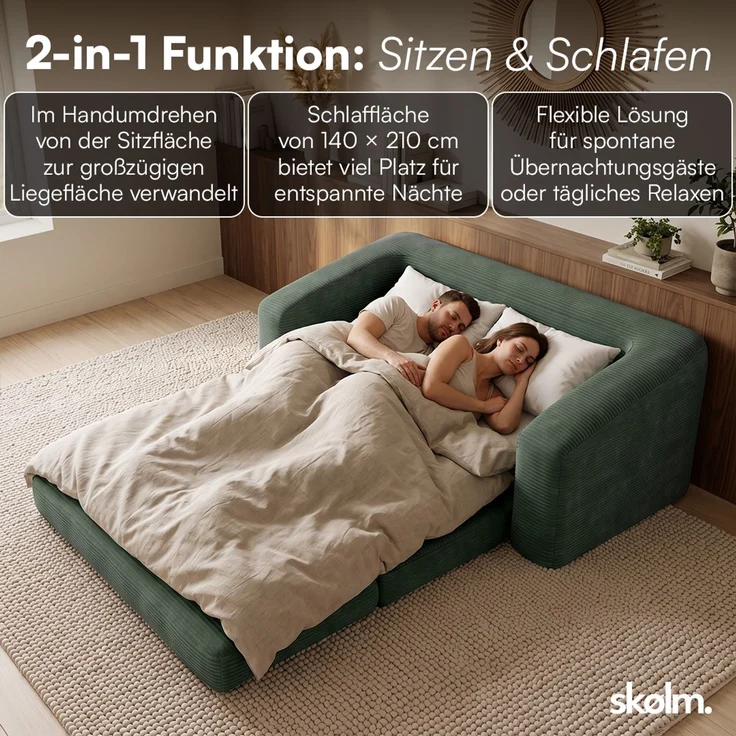 skølm 'Fjäll' Schlafsofa 2 Sitzer mit 2 Kissen, dunkelgrün, Cordsofa ausklappbar, mit Liegefunktion, vakuumverpackt ohne Aufbau – Bild 5