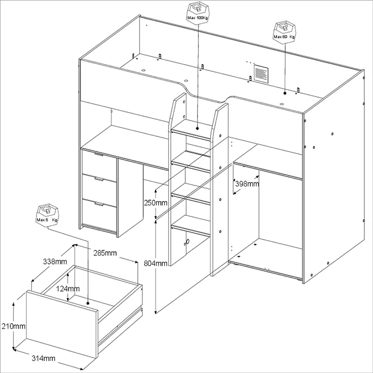 Parisot Hochbett Tom mit Schreibtisch, Schubkästen & Schrank – Bild 15