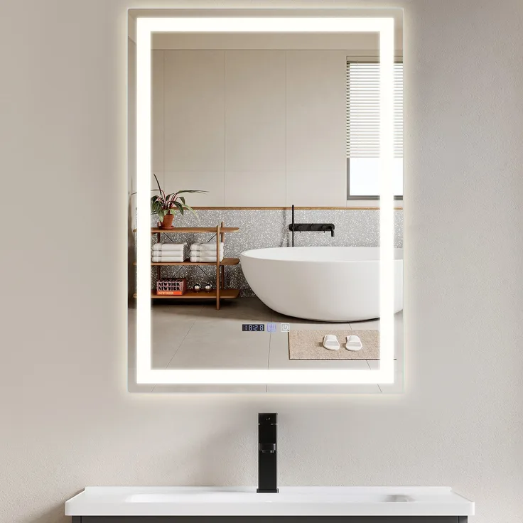 ZMH Beleuchteter Badezimmerspiegel – 50 x 70 cm, LED, Wandmontage, IP44, Touch-Schalter, Uhr, beschlagfrei, verstellbar