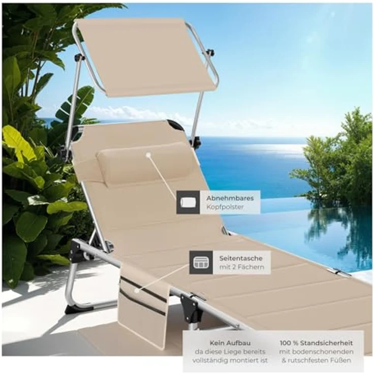 tectake Gartenliege Sonnenliege, 1, 1 St, 1tlg, gepolstert, klappbar – Bild 5