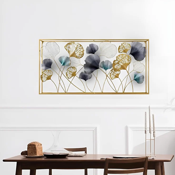 3D Wandbild "Ginkgo" aus Metall in gold, anthrazit, türkis, 125x60 cm, Wanddeko, Wandschmuck – Bild 4