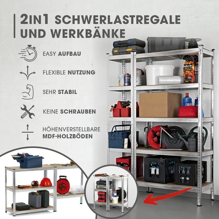EASYmaxx Schwerlastregal-Set mit 5 belastbarenHolzböden 2-tlg. silber/holzfarben – Bild 2