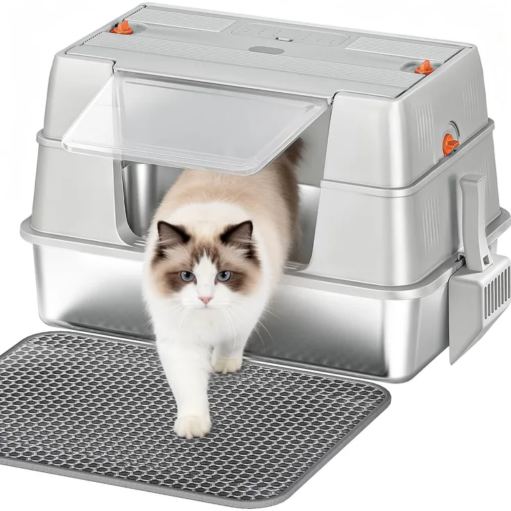 Edelstahl Katzenklo mit Deckel XL, 58 x 37 x 36,5 cm, Hellgrau, Geschlossene Metall Katzentoilette, 100° klappbarer Deckel, mit Streu-Siebmatte und Schaufel, Modulares Design